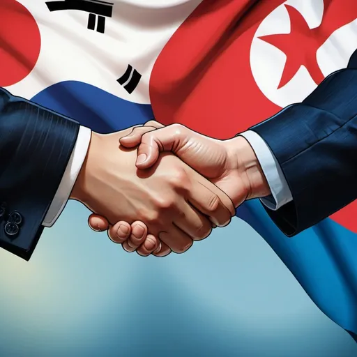 Prompt: (Kim shaking hands with NewJeans member), political meeting, vibrant colors, dramatic lighting, (expressive facial features), tension in the air, significant handshake moment, stylized backgrounds of North and South Korea's flags, high-quality image, ultra-detailed, captures cultural significance and unity, clear expressions, engaging ambiance.