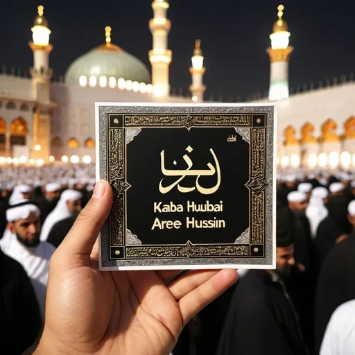 Prompt: Hold a card in front of Kaaba with 'Areeb Hussain' written on it I  English roman