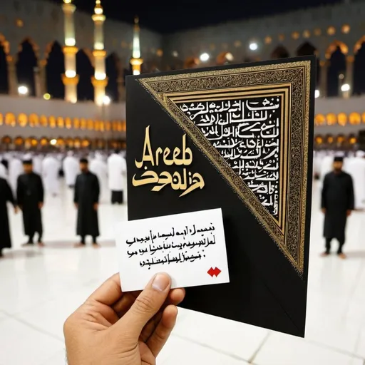 Prompt: Hold a card in front of Kaaba with 'AREEB HUSSAIN' written on it In English roman