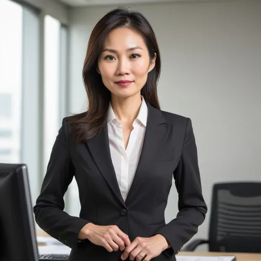 Prompt: A slender and yet sturdy Asian woman in her 40s wearing professional office attire