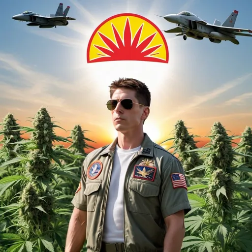Prompt: Top sun cannabis brand make picture not logo about top sun like topgun movie parody