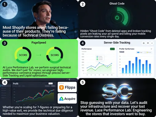 Prompt: ​[Scene 1: 0-3 Seconds – The Hook]
(Visual: Close up of your face, speaking confidently under the moonlight)
​"Most Shopify stores aren't failing because of their products. They’re failing because of Technical Distress."
​[Scene 2: 3-8 Seconds – The Problem]
(Visual: Transition to a screen recording of 'Ghost Code' or a slow mobile spinner)
​"Hidden 'Ghost Code' from deleted apps and broken tracking pixels are leaking your ad spend and killing your mobile conversion rates every single day."
​[Scene 3: 8-15 Seconds – The Solution (The Lab)]
(Visual: Transition to clean, green PageSpeed scores and Server-Side Tracking diagrams)
​"At Luce Performance Lab, we perform surgical technical audits. We don't just 'fix' stores; we engineer high-performance commerce engines through precise Server-Side Tracking and Liquid optimization."
​[Scene 4: 15-22 Seconds – The "Exit" Authority]
(Visual: Transition to a dashboard showing rising profit charts and the Flippa/Acquire logos)
​"Whether you’re scaling for 7-figures or preparing for a high-value exit, we provide the technical due diligence needed to maximize your business valuation."
​[Scene 5: 22-30 Seconds – The Call to Action]
(Visual: Back to you, or your metallic logo shimmering on the screen)
​"Stop guessing with your data. Let’s audit your infrastructure and recover your lost revenue. Luce Performance Lab: Engineering the stores that investors want to buy."