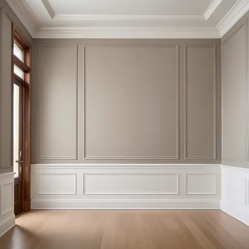 Prompt: An elegant, sophisticated wall with rectangular wall moldings painted in a muted, matte color. The wall is divided into symmetrical sections by the moldings, creating a classic and luxurious paneling effect. The baseboard at the bottom is white, providing a sharp contrast against the wall. The flooring is light-colored hardwood with a natural finish, adding warmth to the overall aesthetic