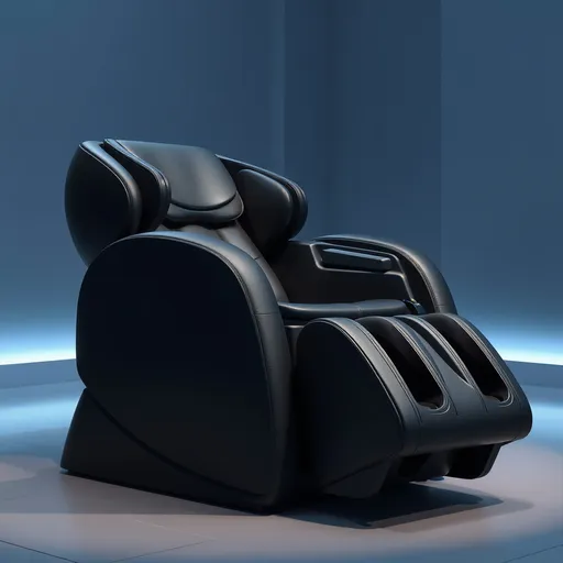 Prompt: black and gray massage chair, (remote control) on the arm, (foot rest) on the side, modern design, sleek and ergonomic, (CG rendering), high-quality textures, minimalist aesthetic, cool tones, well-lit ambiance, realistic shadows and highlights, featuring an inviting and relaxing environment, ultra-detailed, 4K resolution, andries stock style, neogeo design influence.