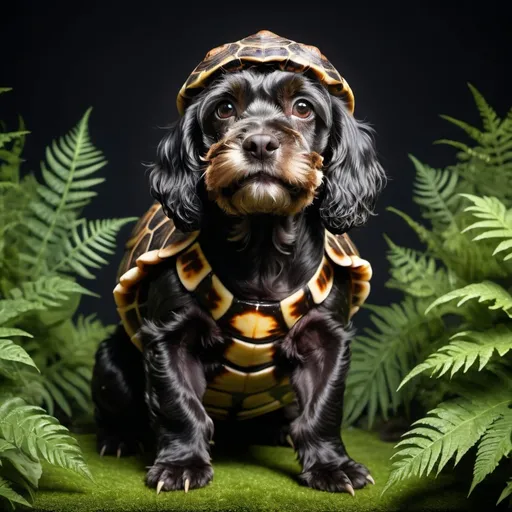 Prompt: A hybrid fusion cross of tortoise shell on back with black cockapoo, crossed hybrid fusion with Tortoise with tortoise claws, tortoise shell on back, full body fusion (((High Definition, 8K, Ultra High Resolution, Sharp Details)))