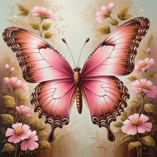 Prompt: A pink and brown butterfly oil painting