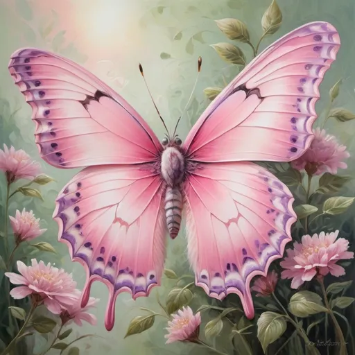 Prompt: A pink butterfly oil painting