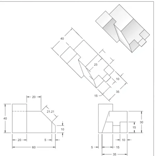 Prompt: The image presents a technical drawing featuring various geometric shapes and dimensions, primarily in a blueprint style. The main structure consists of overlapping rectangular and square volumes, with precise measurements indicated next to each shape, reflecting a complex three-dimensional design. Key dimensions, such as 40, 20, 30, and several others, are noted along the edges, with dashed lines suggesting construction or assembly guidelines. In the upper right corner, a smaller isometric view reiterates the form of the main design, helping to visualize its three-dimensional aspect. An overlay watermark reads “SAMPLE SOLUTION,” indicating the drawing may serve as an instructional guide.