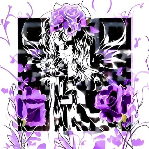 Prompt: the shadowy figure of a fairy wandering through a field of magical purple roses