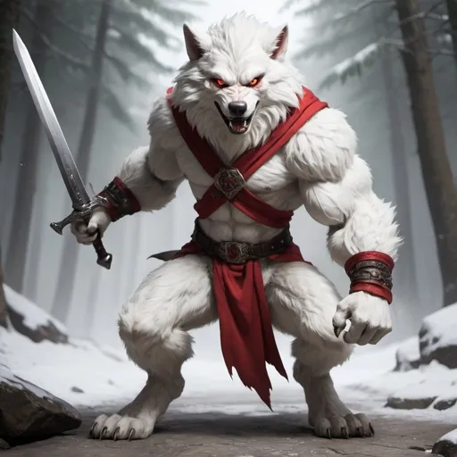 Prompt: Anthropomorphic, furry, werewolf, White fur, red eyes, full body, Bipedal, adventurer clothed, holding a sword, dynamic action pose