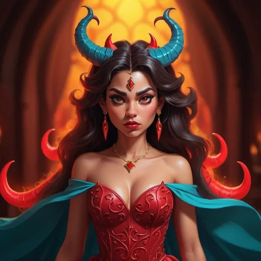 Prompt: Latina devil princess, cartoonish, high quality, fantasy, vibrant colors, detailed horns, flowing dress, serious expression, atmospheric lighting