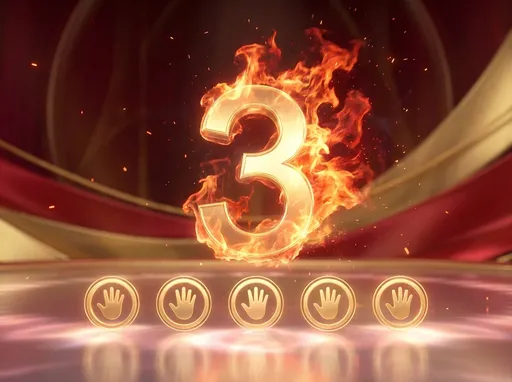 Prompt: Create a cinematic 5-second countdown video. Show large floating metallic golden numbers in the center of the frame counting down 5, 4, 3, 2, 1, 0, with each number displayed for exactly one second. Each number is surrounded by burning fiery flames and glowing light. The fire effects should be realistic and lively, with slow sparks, glowing embers rising, and brilliant lighting.

The background is an abstract stage scene with deep red and gold tones, combined with radial light waves, subtle futuristic patterns, and a glossy reflective floor with strong cinematic lighting.

Below the countdown numbers, place five stylized golden hand icons, each inside a glowing circle — arranged evenly in a horizontal row. These icons should remain static but emit gentle glowing light that syncs rhythmically with the lighting and fire effects above.

The entire video should feel epic, cinematic, and grand, with dynamic fire effects and soft, harmonious lighting. There should be no other text and no watermark. The camera is static and does not move.

Render the video in 4K resolution. The countdown must display each number for exactly one second: first show 5, after one second show 4, then after one second show 3, then after one second show 2, then after one second show 1, and finally after one second show 0.