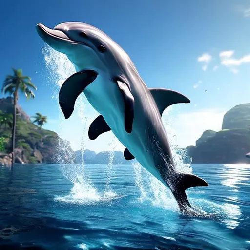 Prompt: dolphin jumps from water high quality unreal engine 8k close up realistic super glow magical
