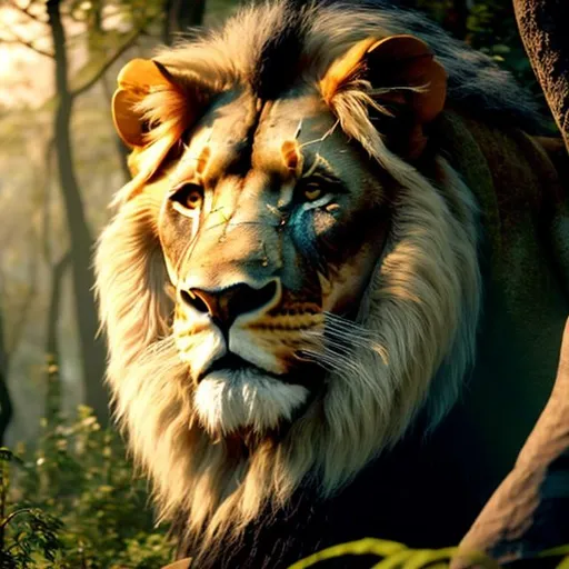 Prompt: lion in forest high quality unreal engine 8k close up realistic super glow magical
