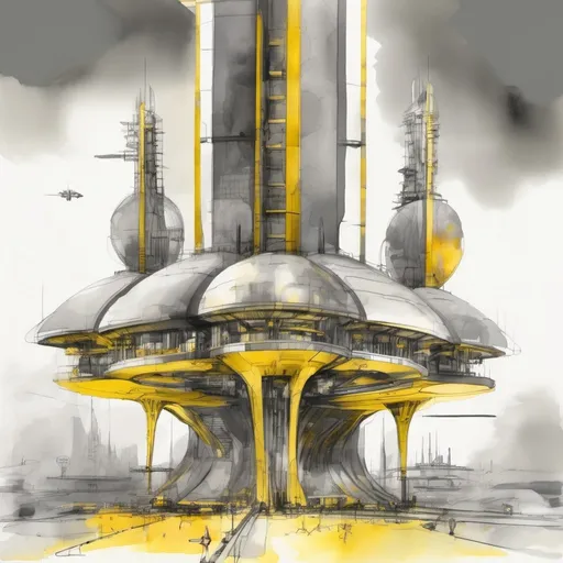 Prompt: futuristic spaceport with towers  in shades of gray and yellow, ink and wash  on paper,