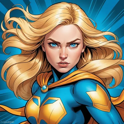 Prompt: Cartoon illustration of a strong, young, and beautiful blonde woman character, striking blue eyes, flowing golden hair, confident and determined expression, vibrant and bold colors, dynamic action pose, comic book style, high quality, detailed linework, vibrant colors, energetic composition, professional cartoon art style, strong and empowering, captivating storytelling