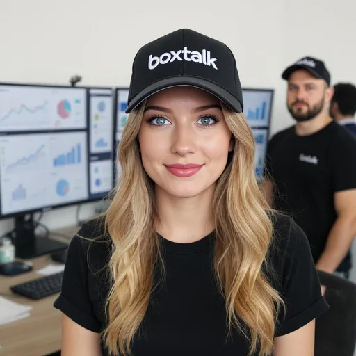 Prompt: A young woman with striking blue eyes and long, wavy blonde hair gazes directly at the viewer, exuding confidence and approachability. She wears a black cap featuring the logo "boxtalk" on the front, complementing her simple black t-shirt. The background is plain white, which enhances her features and the sharpness of the cap's design, creating a clean and modern aesthetic. The lighting is soft yet bright, accentuating her clear complexion and subtle smile, which contributes to a welcoming and professional vibe. The overall composition suggests a casual yet stylish attitude, perhaps indicating a connection to contemporary fashion or branding. She is evaluating many monitors with Graphs and projections of all types. She see line graphs, bar charts, and pie charts that don't make sence. Her colleagues and employees are standing waiting for directions.