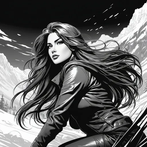 Prompt: Graphic novel style,  vector art,  monochromatic, will eisner style  natural hot gorgeous female siberian, large long hair, on all-fours, arms spreaded forward, lateral 45° full body view, depth of view, natural lighting, Insanely detailed, masterpiece, fine details, natural beauty, breathtaking, captivating, fine details, sharp, very detailed, high resolution,