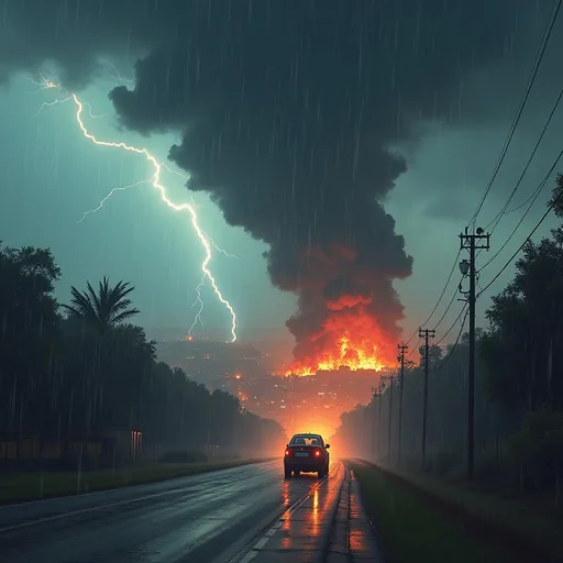 Prompt: song cover " Last Reminder" car driving down a road under a storm Huracan cloud. a massive city on fire within the background. its raining and lightning 