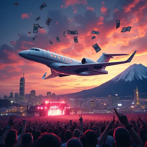 Prompt: Album cover for "Show in Japan," featuring a sleek private jet soaring through a vibrant sky, money swirling gracefully in the air, heading towards Tokyo, Japan. Majestic mountains shadow the bustling cityscape, while concert lights gleam below. Energetic atmosphere, reflecting the rock star's dynamic presence, surrounded by a cheering crowd. Bright colors, dramatic contrasts, ultra-detailed, capturing the excitement and essence of a memorable rock experience.