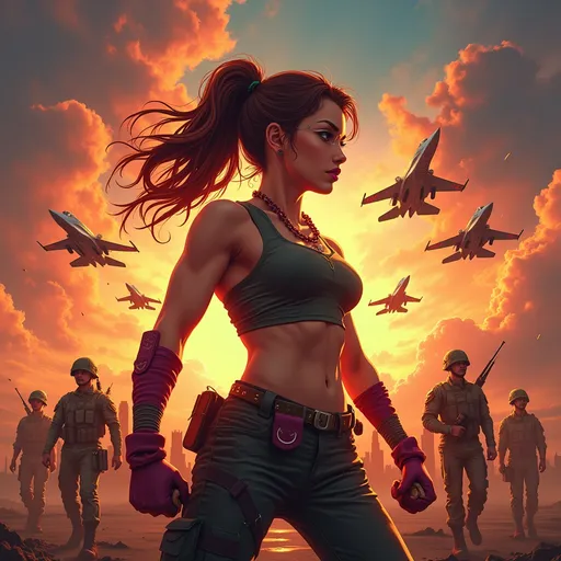 Prompt: (album cover for a song "Atrápalo"), dynamic (powerful girl) commanding (armies) and (fighter jets), vibrant and striking colors, high contrast, bold visuals, intense atmosphere, captivating details, urban background with dramatic clouds and a sunset, energetic composition, 4K, ultra-detailed and realistic, evoke feelings of empowerment and determination.