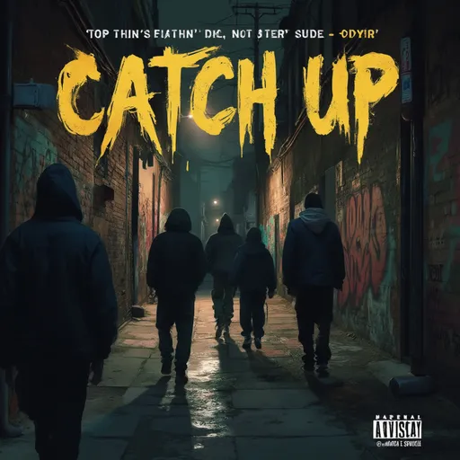 Prompt: A realistic album cover for a Chicago drill trap rap song titled 'Catch Up.' The scene features a gritty urban alley at night with dim streetlights casting a moody glow. Several figures in hoodies and streetwear walk away, their movements slightly blurred to imply motion. The walls are covered in colorful graffiti, and the wet pavement reflects the faint light, enhancing the atmospheric depth. The color palette is dark and dramatic, using shades of black, gray, and muted gold to evoke themes of danger and ambition. The text 'Catch Up' is bold and rugged, styled like spray paint, blending seamlessly with the gritty urban aesthetic.