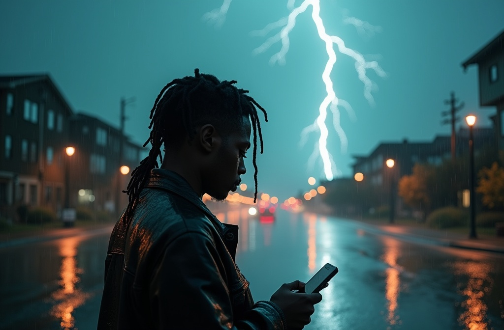 Prompt: a man with dreadlocks visibly wet from rain standing in front of a building with a cell phone in his hand and a city in the background, Chinwe Chukwuogo-Roy, cubo-futurism, cinematic still, a character portrait in thunderstorm super heavy rain and a lightning strike 