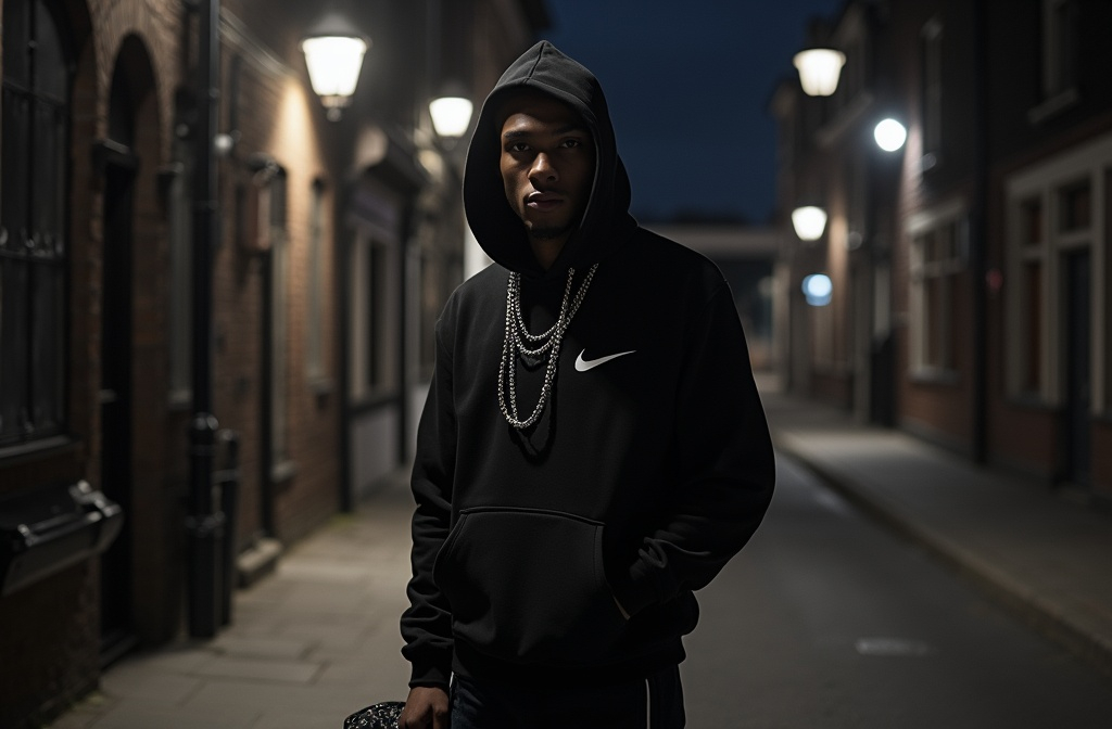 Prompt: a man standing on a dark street in UK in the middle of the night with a nike tec hoodie on and a chain on his neck and a bag in his hand, Conrad Marca-Relli, neoism, tech wear, an album cover