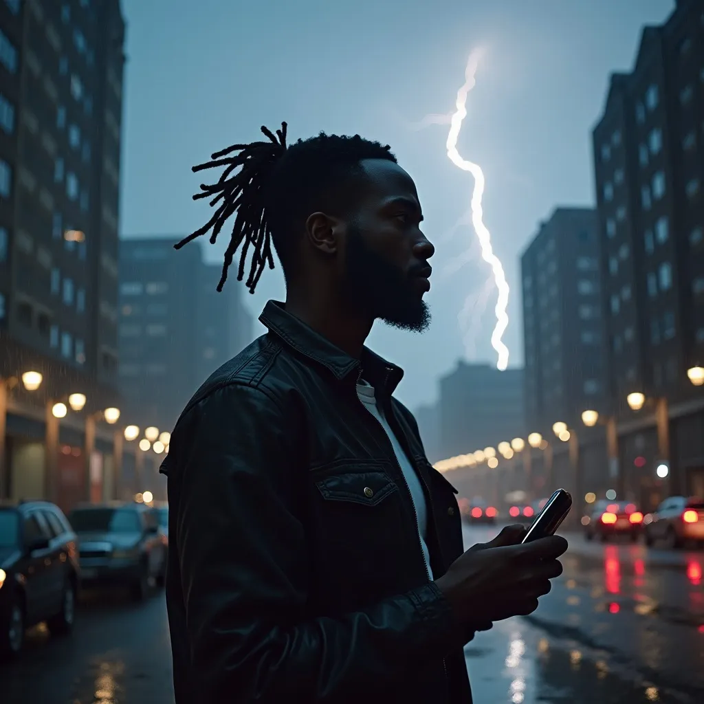 Prompt: a man with dreadlocks standing in front of a building with a cell phone in his hand and a city in the background, Chinwe Chukwuogo-Roy, cubo-futurism, cinematic still, a character portrait in thunderstorm rain and a lighting strike 