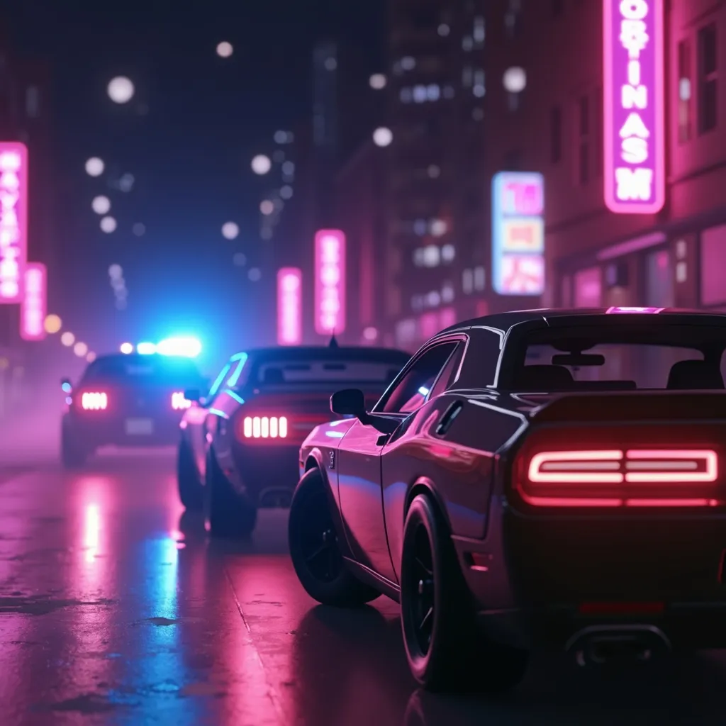 Prompt: a police car and a police car on a city street at night with neon lights on the buildings and signs, Beeple, retrofuturism, outrun, computer graphics fast cars doing burnouts 