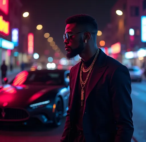 Prompt: A captivating music cover for the song 'PAPER DREAMS,' featuring a side profile of a stylish Black man in a nighttime urban setting. The subject exudes confidence, wearing a sleek outfit with layered jewelry, and is illuminated by neon lighting that casts a vibrant glow. In the background, a luxury ROLL ROICE is parked, with soft bokeh lights creating a dreamy, atmospheric effect. The mood is intense and magnetic, reflecting obsession and allure. The title 'PAPER DREAMS' is placed subtly in bold yet modern typography, blending seamlessly into the scene." 3000X3000