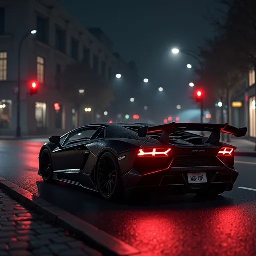 Prompt: a black sports car parked on a city street at night time with a red traffic light in the background, Andrew Law, panfuturism, dark night, computer graphics