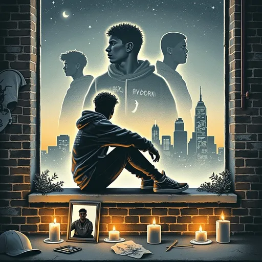 Prompt: A deeply emotional and reflective album cover for a sad rap song titled 'Homies Gone.' The design features the silhouette of a young man sitting on a gritty urban rooftop at dusk, gazing up at a twilight sky filled with faint stars and a glowing crescent moon. Around him, glowing candles flicker softly, casting a warm amber light. Beside him lies a small photo of friends and a worn-out cap, symbolizing loss and remembrance. The background includes faint graffiti on nearby brick walls, adding an urban touch. The scene is moody and cinematic, with muted colors like dark gray, navy blue, and warm amber accents. The title 'Homies Gone' is displayed in a heartfelt, handwritten-style font, softly glowing to blend into the somber atmosphere. The overall aesthetic is raw, poignant, and deeply personal, conveying both loss and reflection.