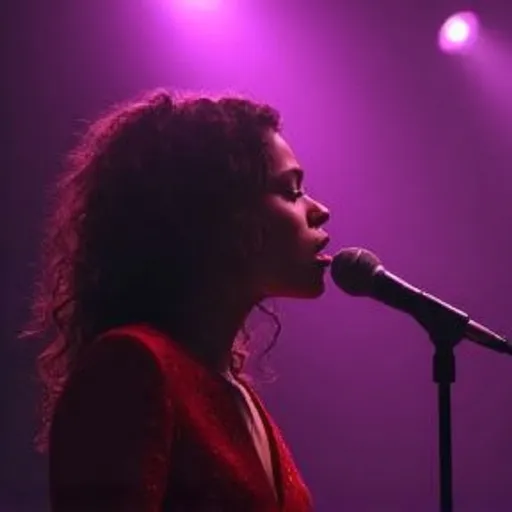 Prompt: a dark skin woman with long curly hair singing passionately into a microphone in front of a purple pink light on stage with spotlights on the stage, Ella Guru, video art, promotional image, a screenshot