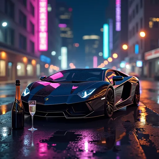 Prompt: A luxurious and lamborghini music cover titled 'Night Drives and Champagne,' designed for a trap rap theme. The artwork features a sleek black luxury car parked under a glowing neon cityscape at night, with vibrant reflections of purple, blue, and gold lights shimmering on the wet pavement. In the foreground, a chilled champagne bottle with an elegant glass sits on the ground in front of the car, with condensation sparkling under soft ambient light. The background showcases towering city buildings, blurred with bokeh effects, and a starry night sky, adding depth and a glamorous vibe. The title 'Night Drives and Champagne' is prominently displayed in bold, modern, and sophisticated typography, harmon