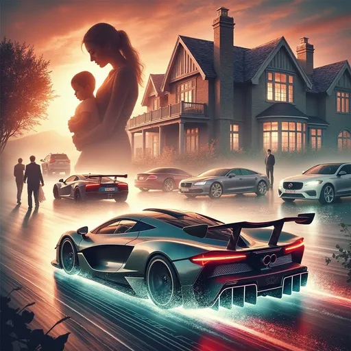 Prompt: "Create an emotional and cinematic album cover for 'Out On A Mission.' The image features a sleek hypercar speeding down a highway, captured in a dramatic side profile view. The top of the image fades into a DREAMLIKE MEMORY of a grand mansion with luxury cars lined up in the driveway. In front of the mansion, a beautiful woman stands by the front door holding a child,  The composition conveys a sense of purpose, determination, and sacrifice, as though the driver is on a mission for their family. Use warm, sunset tones to evoke emotion and hope, with a detailed and vivid style suitable for an album cover."