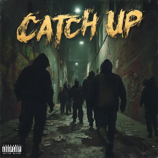 Prompt: A realistic album cover for a Chicago drill trap rap song titled 'Catch Up.' The scene features a gritty urban alley at night with dim streetlights casting a moody glow. Several figures in hoodies and streetwear walk away, their movements slightly blurred to imply motion, while holding stacks of cash and phones. The walls are covered in colorful graffiti, and the wet pavement reflects the faint light, enhancing the atmospheric depth. The color palette is dark and dramatic, using shades of black, gray, and muted gold to evoke themes of danger and ambition. The text 'Catch Up' is bold and rugged, styled like spray paint, blending seamlessly with the gritty urban aesthetic.