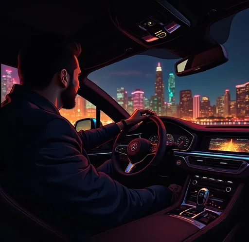 Prompt: Modern luxury car, man driving at night, illuminated city skyline in the background, vibrant neon lights reflecting on sleek surfaces, bold colors, funk art style, Cornelisz Hendriksz Vroom influence, dynamic composition, album cover design, high quality, ultra-detailed, artistic masterpiece, evoking a sense of nightlife excitement and urban energy.