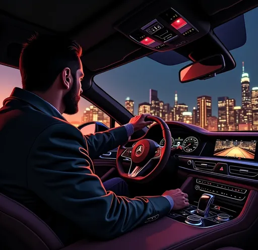 Prompt: Modern luxury car, man driving at night, illuminated city skyline in the background, vibrant neon lights reflecting on sleek surfaces, bold colors, funk art style, Cornelisz Hendriksz Vroom influence, dynamic composition, album cover design, high quality, ultra-detailed, artistic masterpiece, evoking a sense of nightlife excitement and urban energy.