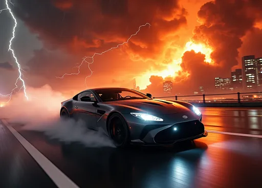 Prompt: Song cover "Last Reminder", Fast luxury car speeding on a highway, intense rain and dramatic lightning striking, attempting to outrun a fiery cloud. city ablaze in the background, glowing orange-red Mood: fierce, apocalyptic, lightning, and cinematic. Ultra-detailed, high-resolution, 3000x3000. capturing the essence of adrenaline and chaos.