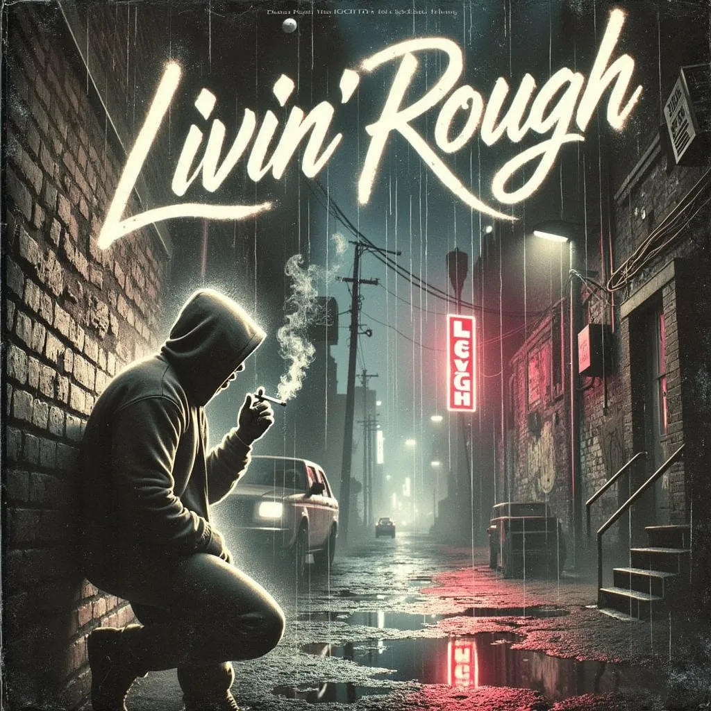 Prompt: a man kneeling down in front of a street sign with a cigarette in his hand and a neon sign above him, Dennis Ashbaugh, underground comix, comic cover art, an album cover "LIVIN' Rough"