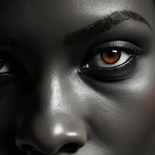 Prompt: a 3000x3000 super high quality pic of a woman with black makeup and orange eyes looks into the camera with a serious look on her face and her eyes are slightly open, Chinwe Chukwuogo-Roy, black arts movement, detailed eyes, a stock photo