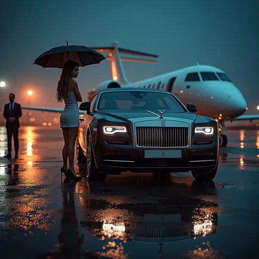 Prompt: (Sleek album cover "MORE AND MORE"), (money girl holding an umbrella), (nighttime rain ambiance), luxurious background, a plain track featuring a Rolls Royce and a private jet, (bodyguards standing around), vibrant city lights reflecting in puddles, cinematic atmosphere with dramatic shadows, ultra-detailed, high-resolution, moody and rich color tones, capturing a sense of opulence and mystique.