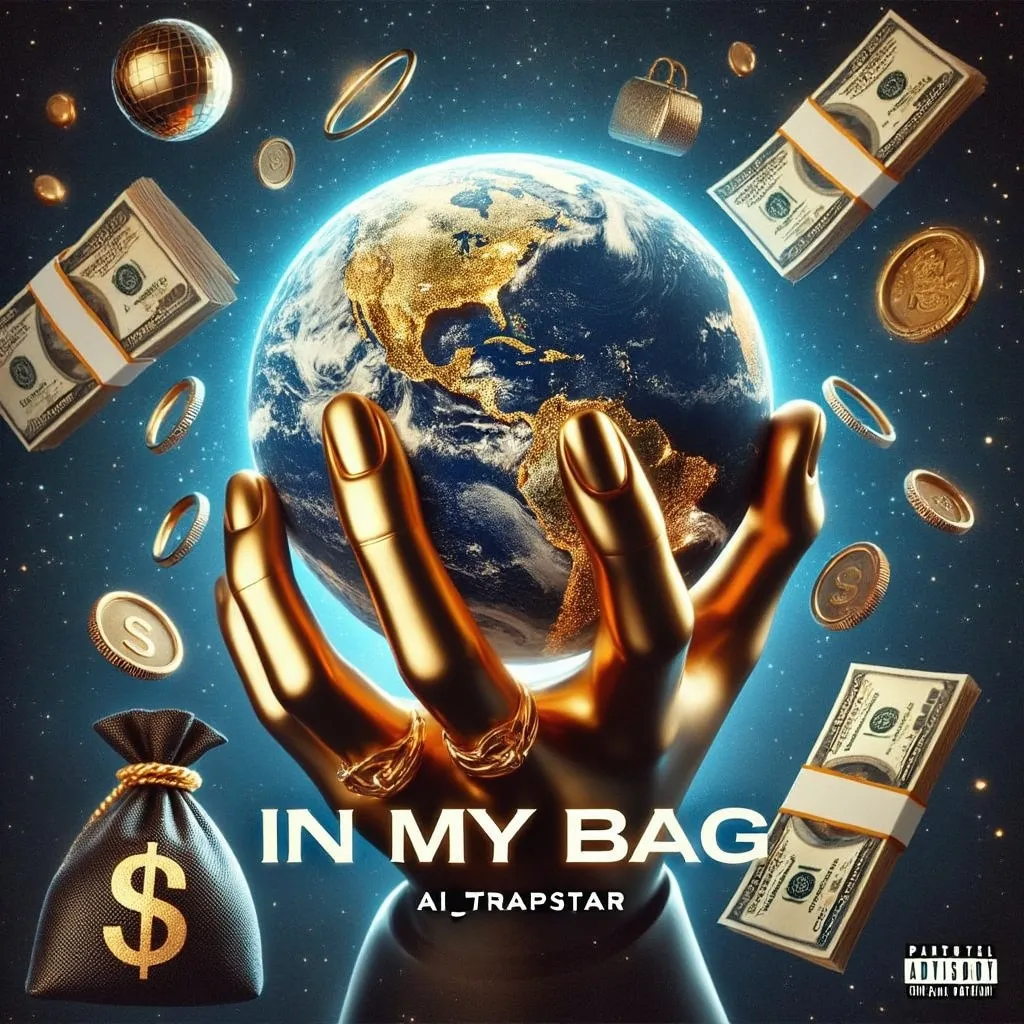 Prompt: a hand holding a money bag with a world in the background and money around it, all in gold, Allen Tupper True, neoplasticism, album cover, an album cover