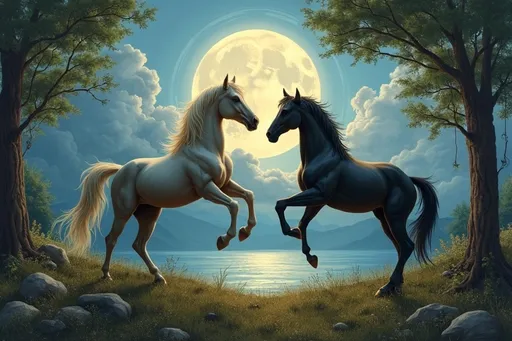 Prompt: two horses sending up on a hill facing each other and full of all types of wild animals  with a full moon in the background and a lake in the foreground, Anne Stokes, furry art, highly detailed digital painting, a painting 