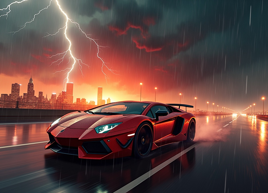 Prompt: Song cover "Last Reminder", Lamborghini speeding on a highway, intense rain and dramatic lightning striking, attempting to outrun a fiery cloud. city ablaze in the background, glowing orange-red Mood: fierce, apocalyptic, lightning, and cinematic. Ultra-detailed, high-resolution, 3000x3000. capturing the essence of adrenaline and chaos.