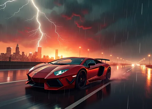 Prompt: Song cover "Last Reminder", Lamborghini speeding on a highway, intense rain and dramatic lightning striking, attempting to outrun a fiery cloud. city ablaze in the background, glowing orange-red Mood: fierce, apocalyptic, lightning, and cinematic. Ultra-detailed, high-resolution, 3000x3000. capturing the essence of adrenaline and chaos.