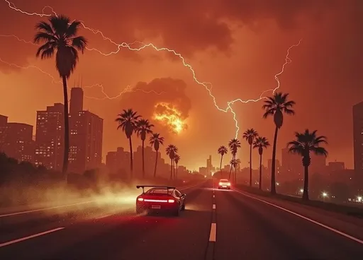 Prompt: Song cover "Last Reminder", Lamborghini speeding on a highway, intense rain and dramatic lightning striking, attempting to outrun a fiery cloud. city ablaze in the background, glowing orange-red against the stormy sky. Mood: fierce, electrifying, and cinematic. Ultra-detailed, high-resolution, capturing the essence of adrenaline and chaos.