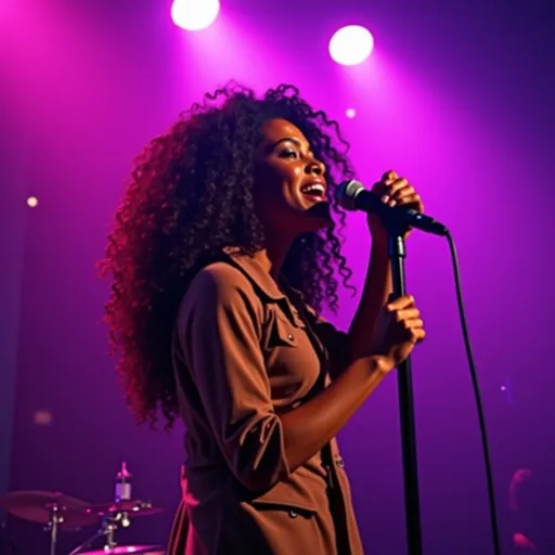 Prompt: a dark skin woman with long curly hair singing passionately into a microphone in front of a purple pink light on stage with spotlights on the stage, Ella Guru, video art, promotional image, a screenshot