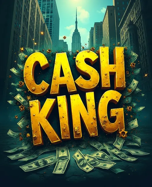 Prompt: Cash King, vibrant rap album cover, bold typography, dynamic urban background with skyscrapers, dramatic shadows, energetic graffiti elements, eye-catching high-contrast color palette of gold, green, and blue, capturing the hustle and bustle of city life, expressive and energetic vibe, street art style, ultra-detailed, HD design, reflecting the ambition and drive of urban culture.